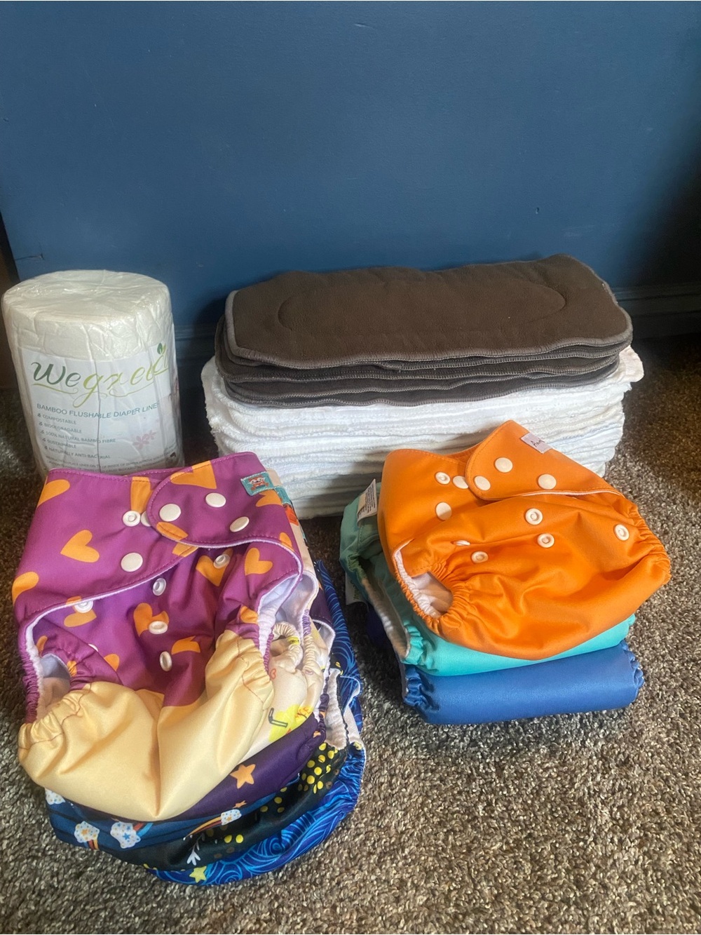 Big Lot of 9 Cloth Diapers with 22 Inserts and 100ct of 100% Bamboo Liners